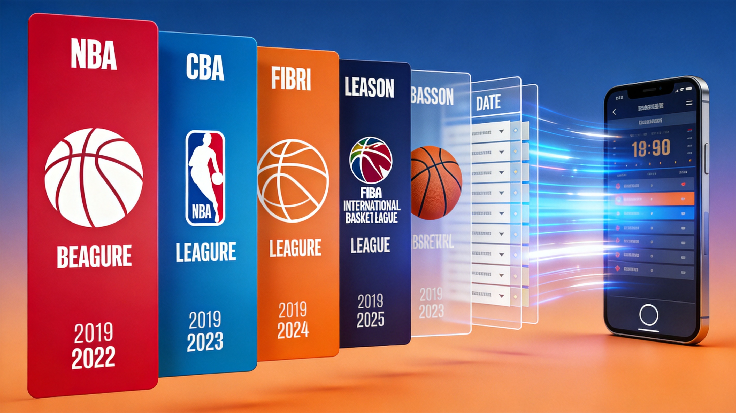 篮球赛事覆盖示意：NBA、CBA 等联赛的赛程与赛果入口并排排列的列表结构